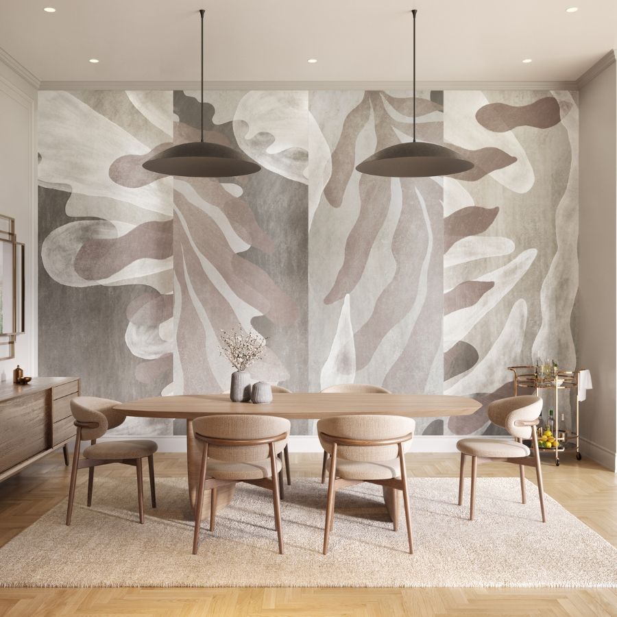 Mosaic reinterprets the natural curves and variation of foliage into a stunning large-scale pattern.  The mural offers endless opportunities upon installation, as the four panels can be installed in the traditional panel 1, 2, 3, 4 order or as a non-match 3, 2, 1, 4 order for a dynamic look.  Available in a soft neutral palette enhanced with touches of lush green or teal and printed on a woven metallic cellulose, this striking design makes a statement in any room.