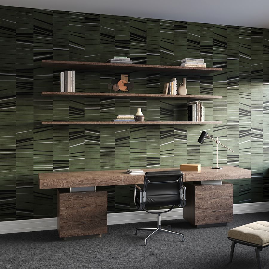 Horizontal stripes of varying widths are placed in alternating angles to form the bold pattern of Costa. The rich background colors are enhanced by black stripes and contrasting hues that add a pop of color and movement. The mixed striped pattern is digitally printed on a type II vinyl wallcovering with a soft texture, adding dimension to the graphic three-panel mural.