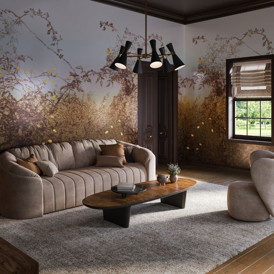 The large-scale four-panel mural of Trellis features vines of foliage and vibrantly colored leaves that seemingly climb up the wall, adding a romantic, enchanting ambiance to any room or setting. The subtle ombré background is printed over an Innovations classic metallic fabric faced vinyl, enhancing the botanical motif with a warm glow reminiscent of golden hour.