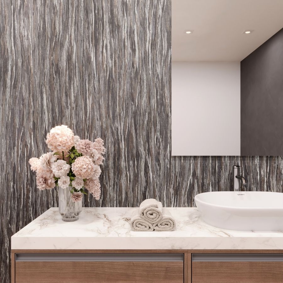 Twilight’s pattern features delicate brushstrokes that sparkle over a metallic foil base, like a constellation in the night sky. The digital printing technique creates subtle variations in opacity, enhancing the color and depth of this elegant and durable type II vinyl wallcovering.